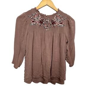 Polagram Womens Size Small Brown Embroidered Floral 3/4 Sleeve Blouse